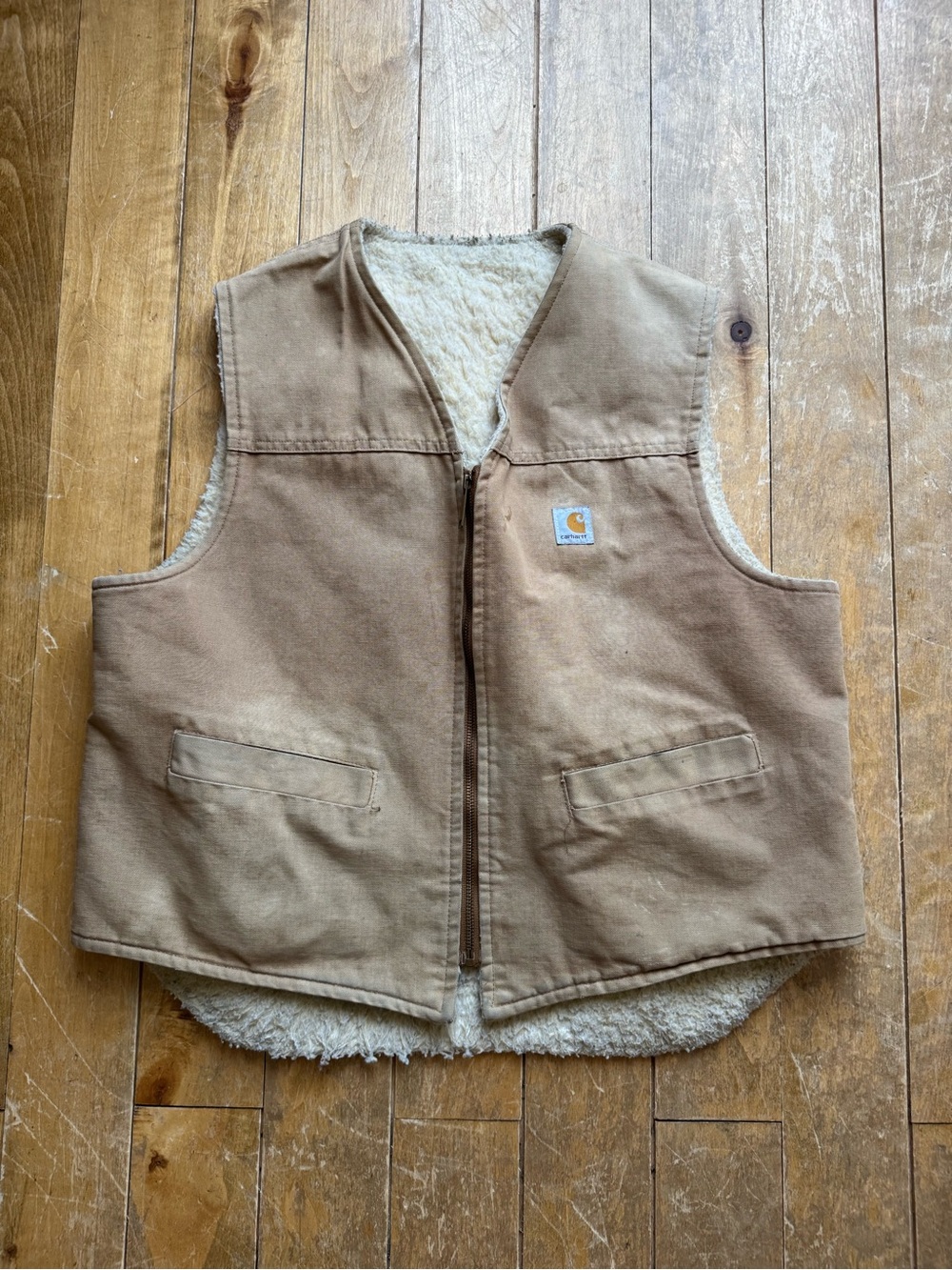 Vintage Carhartt Vest Mens XL Tan Sherpa Lined Work Faded Full Zip Made in USA